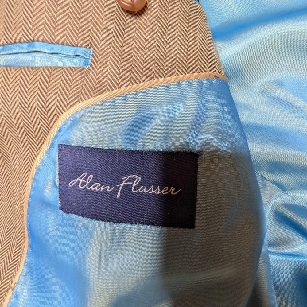 Alan Flusser Sport Coat Mens 42L Tan Silk Worsted Wool Herringbone Blazer Jacket